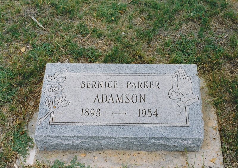BERNICE PARKER ADAMSON
1898-1984
South Side Section C, Lot 245
Mentioned in Windmilling on page 468 in biography or Aaron Parker. Also a family photo.
Obituary on file at the Swisher County Museum, dated 20-Dec-1984.
Date of death too recent for death certificate to be found online.
Daughter of Aaron Sumners PARKER and Sarah Sallie Ann TAYLOR
Wife of Merchant Lawson Adamson
Source: Find A Grave Memorial# 24694964
Headstone_Adamson_Bernice_Parker.jpg