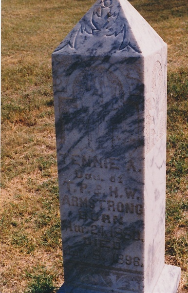 Tennie A
Dau. of T. P. and H. W. Armstrong
BORN
Mar. 24, 1880
DIED
Apr. 8, 1896
Section B, Lot 109 Headstone_Armstrong_Tennie.jpg