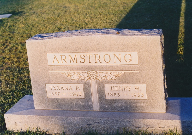 ARMSTRONG
TEXANA P.
1857 - 1943
HENRY W.
1853 - 1933
Section B, Lot 109 Headstone_Armstrong_Texana_and_Henry.jpg