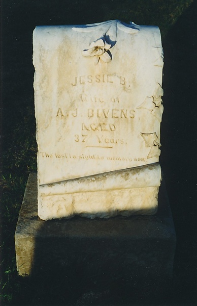 JESSIE B.
Wife of
A. J. BIVENS
Aged
37 years
Tho lost to sight, to memory dear.
Section B, Lot 81 Headstone_Bivens_Jessie.jpg