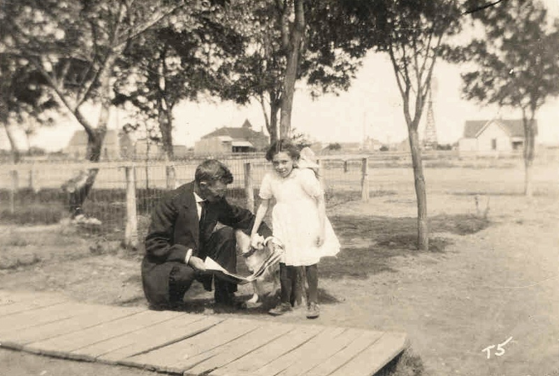 Robert Leonard (“Uncle Mc”) with his niece Lillian Thompson and her dog Fritz in Canyon, Texas, 1913 Lillian and Fritz with Uncle Mc..jpg