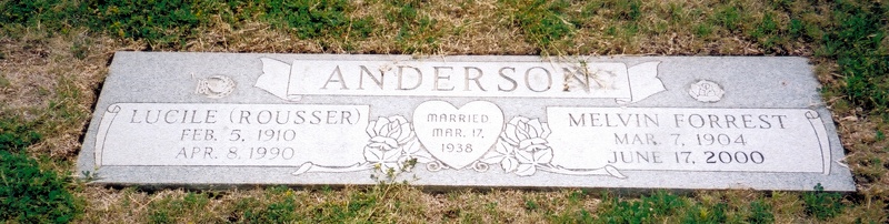 ANDERSON
Lucile (Rousser)
Feb 5, 1910
Apr 8, 1990
Melvin Forrest
Mar 7, 1904
Jun 17, 2000
Married Mar 17, 1938 Memorial Melvin Forrest Anderson and Alta Lucille Rousser.jpg