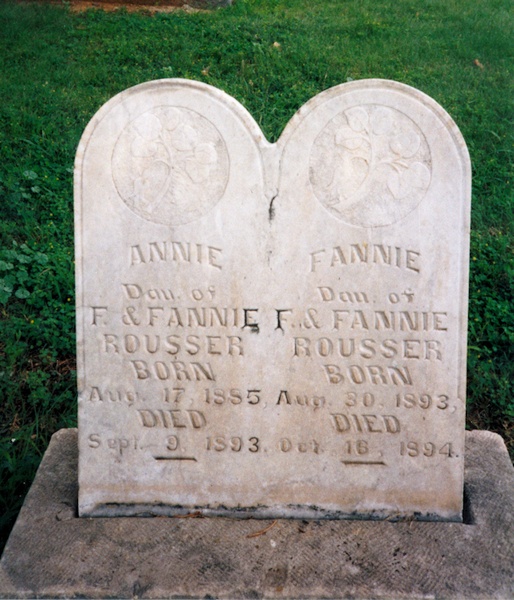 ANNIE
DAU OF
F AND FANNIE
ROUSSER
BORN AUG 17, 1885
DIED SEP 8, 1893
FANNIE
DAU OF
F AND FANNIE
ROUSSER
BORN AUG 30, 1882
DIED OCT 16, 1894 ROUSSER_Annie and Fannie.jpg